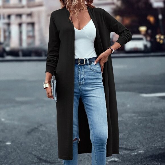 Black Casual Womens Solid Open Front Cardigan - Picture 3 of 5